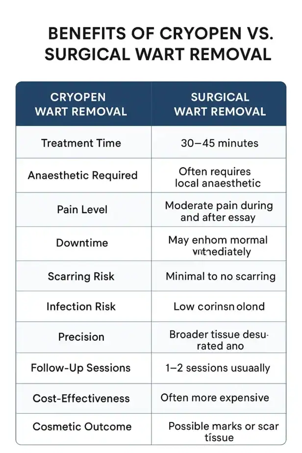 Table showing the benefits of cryopen to remove warts Hamilton compared to surgical treatment